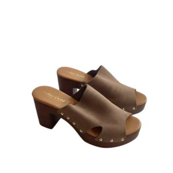 Bio-Gold Italy Womens Platform Clog Slide Sandals Brown Leather Studded US 9.5 - Picture 1 of 6